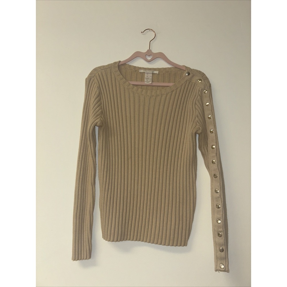 Cote Femme Womens Tan Ribbed Knit Sweater studded Button Sleeve Detail Beige M/L